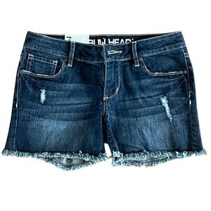 Bullhead Denim Shorts 7 Dark Wash Distressed Frayed Low Rise Stretch Y2K PacSun